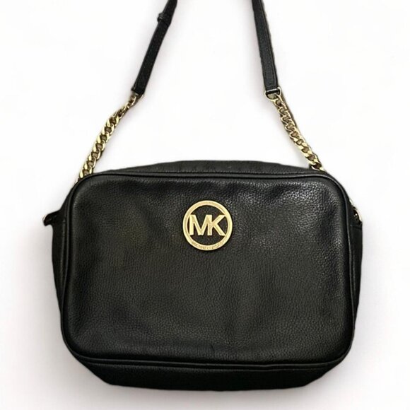 Michael Kors Handbags - MICHAEL KORS - Small Leather Black/Gold Crossbody Bag Adjustable Strap
